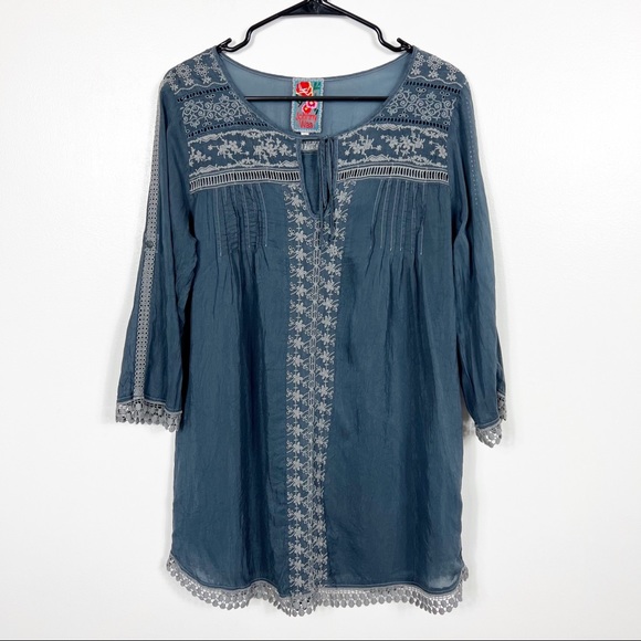Johnny Was Tops - Johnny Was boho embroidered semi sheer tunic roll sleeve size small